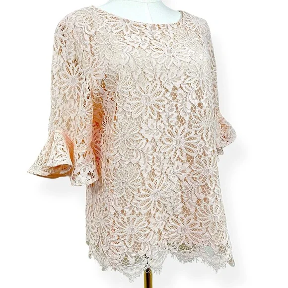 Nanette Lepore Floral Lace Crew Neck Bell Sleeve Top Shirt Large Light Pink - Picture 14 of 14